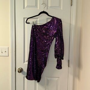 Double Crazy One Shoulder Gigot Sleeve Sequin Dress